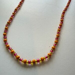 Handmade Orange Pink Yellow Seed Bead Necklace Gold Tone Lobster Clasp Boho